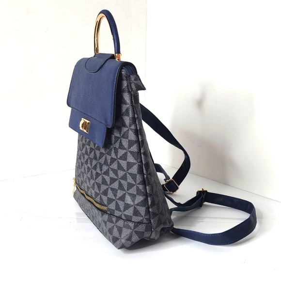 Stylish Black Monogram Women's Blue Colorblock Backpack Purse - Picture 3 of 9